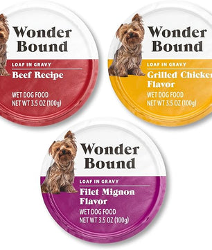 Amazon Brand - Wonder Bound Small Breed Wet Dog Food, Variety Pack (Beef Recipe, Grilled Chicken Flavor, Filet Mignon Flavor), Loaf in Gravy, 3.5 Ounce (Pack of 24)