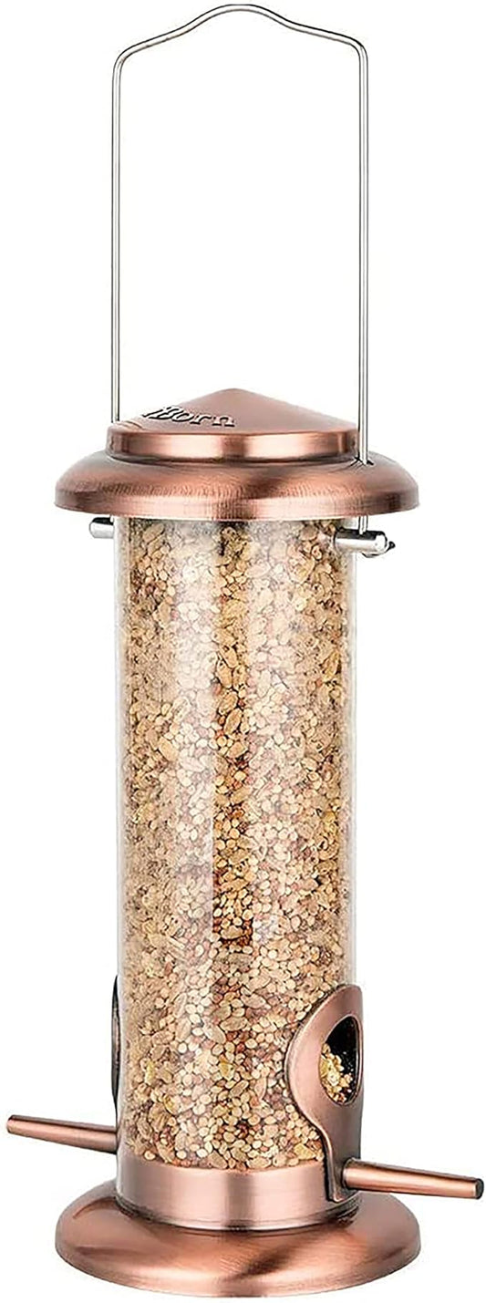 iBorn Metal Bird Feeder Hanging Wild Bird Feeders for Mix Seed Blends Heavy Duty All Metal Finishing, Copper Finish, 8 Inch 2 Port (Seed is not Included)