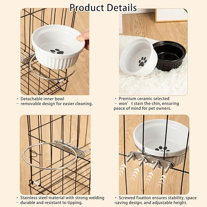 Rabbit Hanging Ceramic Bowl, Removable Cage Feeder Thick Ceramic Bowl with Stainless Steel Support Ring Pet Water Food Bowl for Small Animal Chinchilla Ferret Small Dog & Cat (4.92 * 1.97”)
