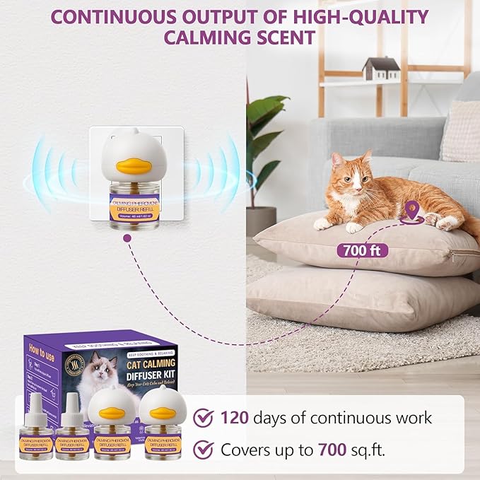 Cat Calming Diffuser Kit 6-in-1, Cat Pheromone Diffuser for Stress and Anxiety Relief, Includes 2 Plug-Ins + 4 Refills (48ml Each), 120-Day Supply, Drug-Free Comfort for Cats and Kittens - Purple