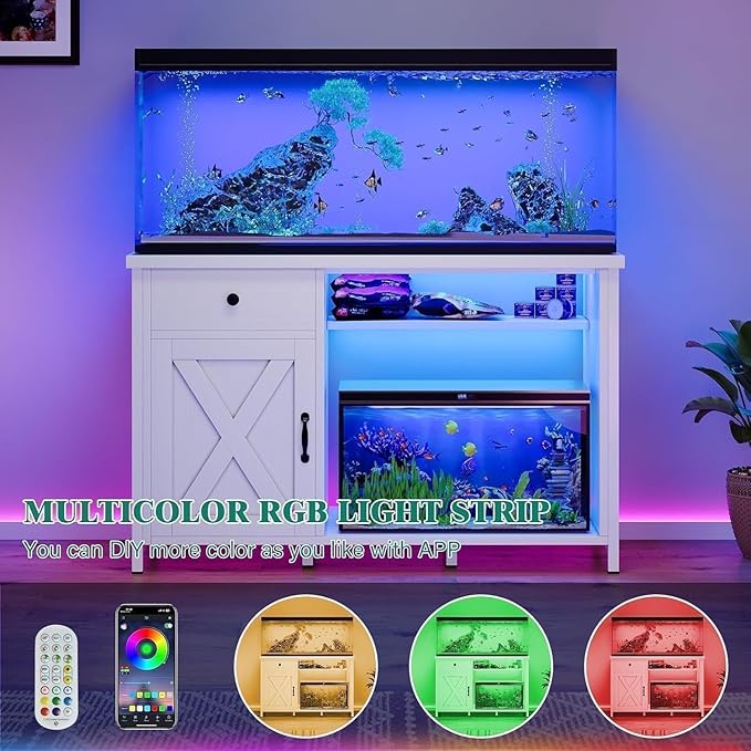 4ever2buy 55-75 Gallon Fish Tank Stand with Power Outlets, LED Light, Heavy Duty Aquarium Stand with Cabinet for Fish Tank Accessories Storage, for Turtle Tank, Reptile Terrarium, 1100LBS, White