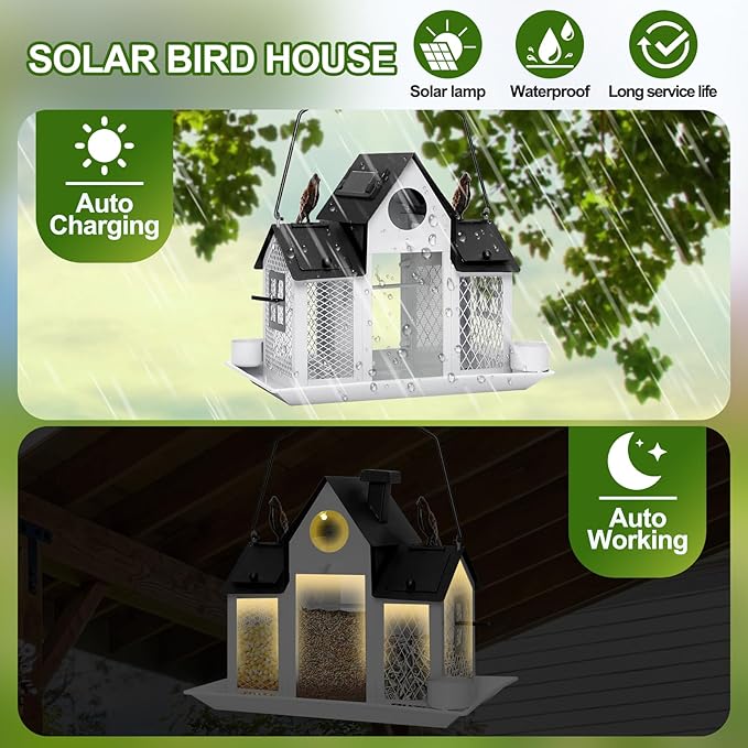 Solar Bird Feeders House for Outdoors Hanging, 7LBS Large Capacity Metal Wild Bird Feeder Squirrel Proof for Outside with Water Cup, Cardinal Birdfeeder Birdhouses Gift for Bird Lovers