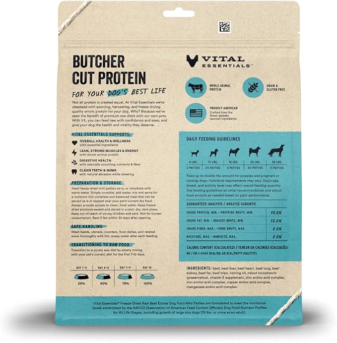 Vital Essentials Freeze Dried Raw Dog Food, Beef Mini Patties Entree, 14 oz