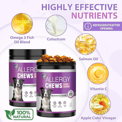 Dog Allergy Chews 400PCs ,Dog Allergy and Itching Skin Relief Anti Itch Aller Immune Bites for Dogs Itching licking Paws Treatment Relief Itchy Allergy Probiotics Vitamins for Skin and Coat Allergies