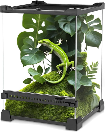 Mini Reptile Glass Terrarium 8"x8"x12" Durable Reptile Habitat Tank with Heat Resistant Aluminum Alloy Frame, Single Swinging Doors for no Jam by Sand and Other Debris