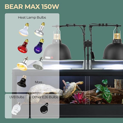 2 Pack Reptile Light Fixture, 8.5in Deep Dome Reptile Heat Lamp Fixture with Switch, Dual Terrarium UVB Basking Light Fixture for Chameleons Chicks, Suitable for E26 Bulbs Up to 150W