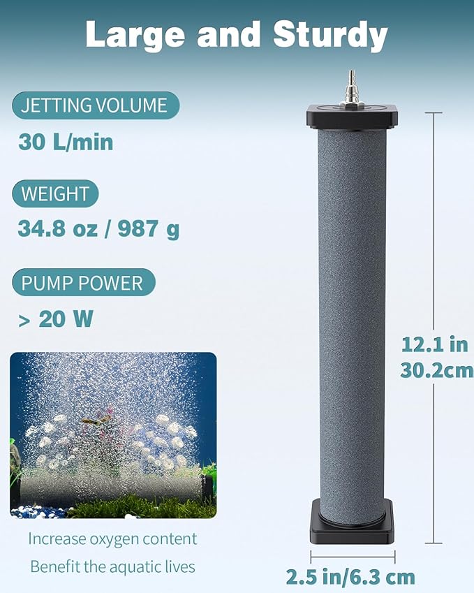 Pawfly Aquarium Air Stone 12 Inch Fish Tank Air Stone Bubbler Cylindrical Bubble Release Tool Oxygen Diffuser for Large Air Pump Fish Tank Outdoor Garden Ponds and DWC System