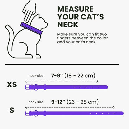 BRONZEDOG Leather Cat Collar with Removable Bells Non Breakaway Kitten QR Tag for Girl Boy (9" - 12" Cats/Mini Dogs, Purple & Gold)