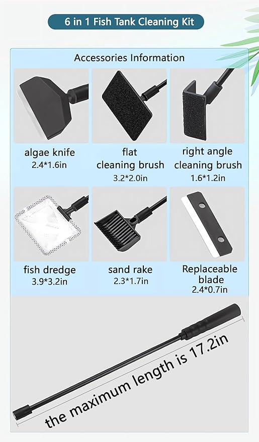 6-in-1 Aquarium Cleaning Tools Fish Tank Cleaning Kit with Long Handle, Algae Scraper,Flat Cleaning Pad,Right-Angle Cleaning Pad,Fish Net, Gravel Rake
