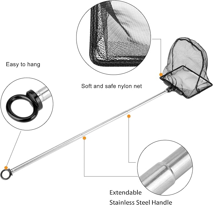 Aquarium Net with Extendable Stainless Steel Long Handle, Fine Mesh for Fish Tank