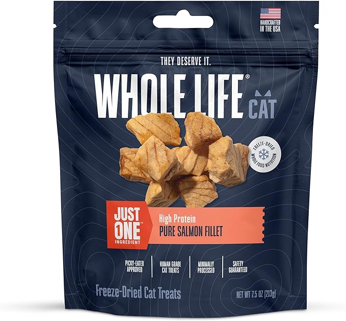 Whole Life Cat Just One Salmon Freeze Dried Cat Treats - Human Grade High Protein Food, Healthy Training Snacks, Freeze Dried Salmon Food Toppers, USA Made Natural Treats - 7.5 oz (Pack of 1)