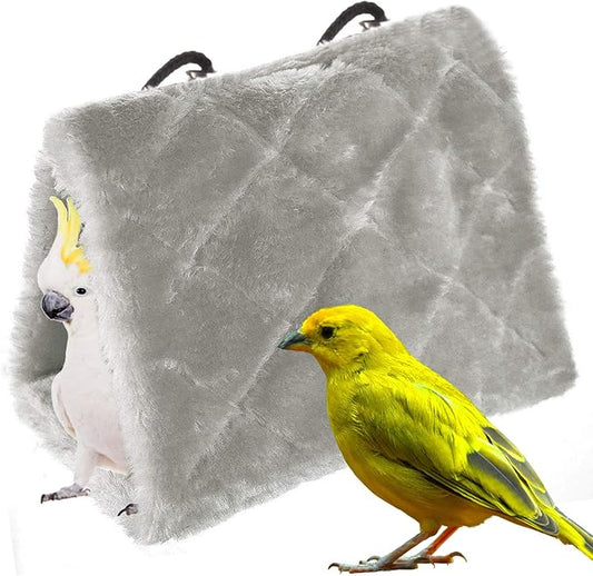 Winter Warm Bird Nest House Shed Hut Hanging Hammock Finch Cage Plush Fluffy Birds Hut Hideaway for Hamster Parrot Macaw Budgies Eclectus Parakeet Cockatiels Cockatoo Lovebird (L, Grey)