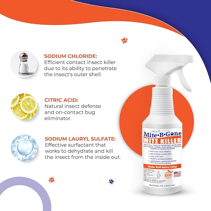 Mite Killer Spray by Mite-B-Gone — Kills Human Mites, Bird, Dust, Spider, Rat, Turkey, Carpet Mites. Treatment for Homes, Furniture, Bedding, Auto & Animals | Non-Toxic | Kid & Pet Safe | 16oz Spray