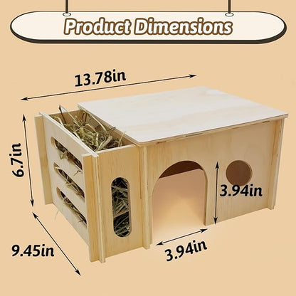 Fhiny Guinea Pig Wood House with Hay Feeder, Detachable Chinchilla Hut Hideout Small Animal Hideout Hideaway Natural Hamster Habitat Decor for Guinea Pig Chinchilla Dwarf Rabbit Hamster