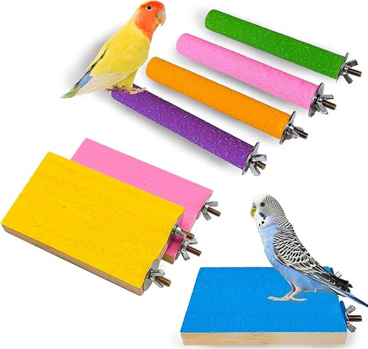7 PCS Parrot Perch Stand Natural Wood Bird Perch Stand Platform Paw Grinding Sticks Cage Accessories Exercise Toys for Budgies Parakeets Cockatiels Conures Lovebirds