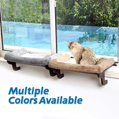 Zakkart Cat Perch for Window Sill with Bolster - Orthopedic Hammock Design with Premium Hardwood & Robust Metal Frame - Cat Window Seat for Large Cats and Kittens - Dark Stained Wood with Gray Bed