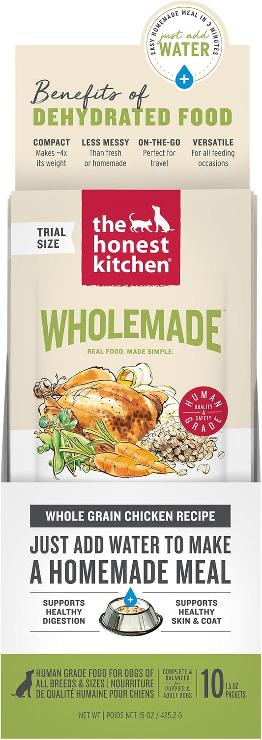 The Honest Kitchen Human Grade Dehydrated Whole Grain Dog Food – Complete Meal or Dog Food Topper – Chicken 10-Pack of 1.5 oz Sachets