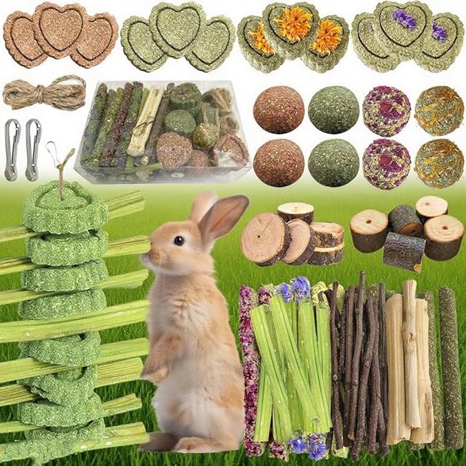 61Pcs DIY Rabbit Toys for Bunny Boredom Basket for Small Pets, Hanging Rodent Dental Toy with Papaya Stems Sweet Bamboo Hamsters, Chinchillas, Guinea Pigs (XL, Papaya stem)