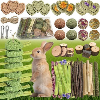 61Pcs DIY Rabbit Toys for Bunny Boredom Basket for Small Pets, Hanging Rodent Dental Toy with Papaya Stems Sweet Bamboo Hamsters, Chinchillas, Guinea Pigs (XL, Papaya stem)