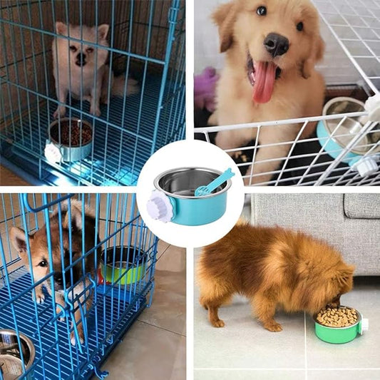 Hamiledyi 2-Pack Hanging Dog Bowls with Removable Stainless Steel Feeder - Spill-Proof Crate Bowls for Kennel/Cage, Puppy to Medium Dogs, Cats, Rabbits & Guinea Pigs (Durable Pet Food & Water Dishes)