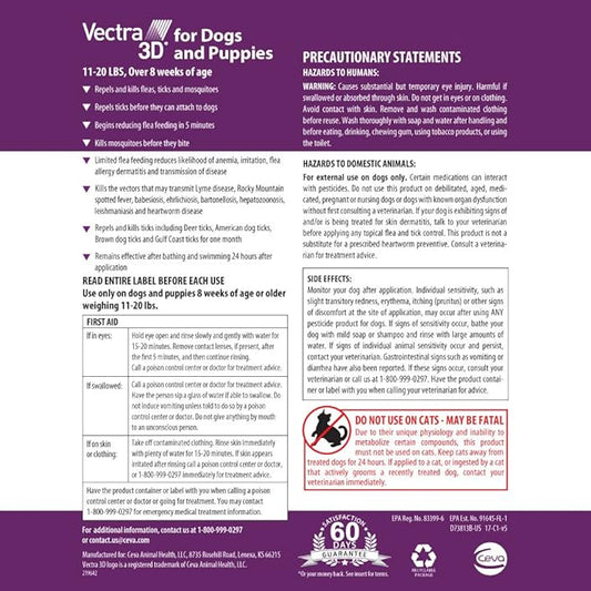 Vectra 3D for Dogs Flea, Tick & Mosquito Treatment & Prevention for Small Dogs (11 – 20 lbs) , 6 month supply