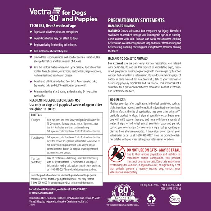 Vectra 3D for Dogs Flea, Tick & Mosquito Treatment & Prevention for Small Dogs (11 – 20 lbs) , 6 month supply