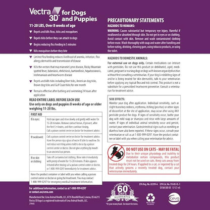 Vectra 3D for Dogs Flea, Tick & Mosquito Treatment & Prevention for Small Dogs (11 – 20 lbs) , 6 month supply