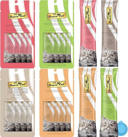 Fussie Cat Premium Puree Lickable Cat Treats in Chicken Puree, 4 Flavors, 4 Packs of 4-0.5oz Tubes (16 Total Tubes) +Lid