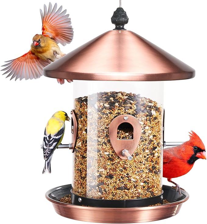 Kingsyard Metal Bird Feeders for Outdoors Hanging with 8 Ports, 4.5 lbs Large Tube Bird Feeder with Seed Tray for Cardinal Finch, Easy to Fill and Clean, Copper