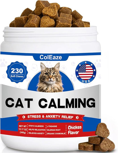Calming Chews for Cats 230ct, Cat Calming Treats - Cat Anxiety Relief, Helps Reduce Stress & Promotes Relaxation for Travel, Boarding, Vet Visits, Separation Anxiety, Prevent Bites - Chicken Flavor