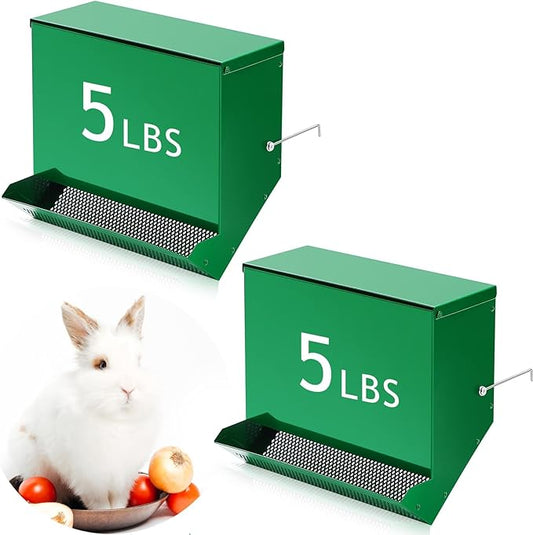 Maxcheck 2 Pcs Rabbit Feeder for Cages Small Animal Food Dispenser with Lid Metal Chicken Grit Oyster Shell Feeders Outside(11.8 Inches,Mesh Bottom,Green)