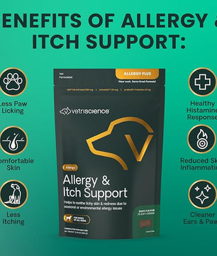 VetriScience Allergy & Itch Support Chews, Skin and Coat Supplement for Dogs, Allergy Chews for Itching, Scratching, and Licking, Support Skin and Immune Health, Duck, 75 Count