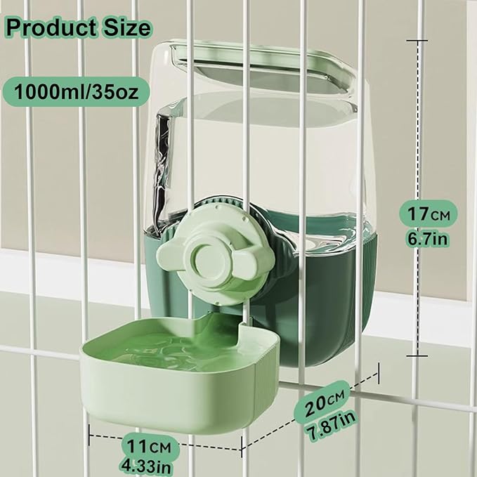35oz Rabbit Water Bottle, Pet Hanging Automatic Water Dispenser for Small Animal Ferret Guinea Pig Chinchilla Dog Cat (Cage Grid Spacing 1.1''-2.1'') (Green)