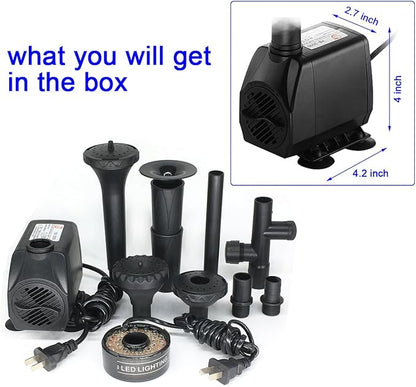 730GPH Submersible Pump Fountain with RGB Color Changing Ring Water Patterns Decoration Garden Pond Landscape 2800L/H, 110V/55W