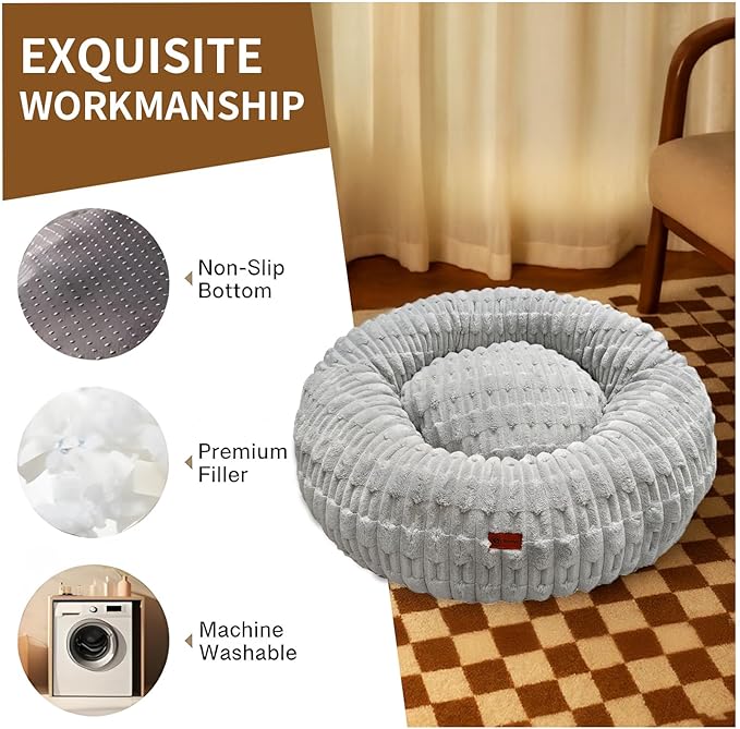 ShinHye Dog Bed for Small Dogs & Cats, Washable Calming Round Pet Bed with Non-Slip Bottom, Soft Indoor Puppy Bed(ZJ-Grey-28x28)