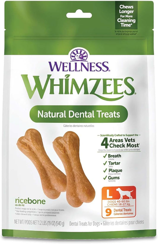 Wellness WHIMZEES Ricebone Dog Dental Treats, Natural Chews, Large Size, (9 Count)
