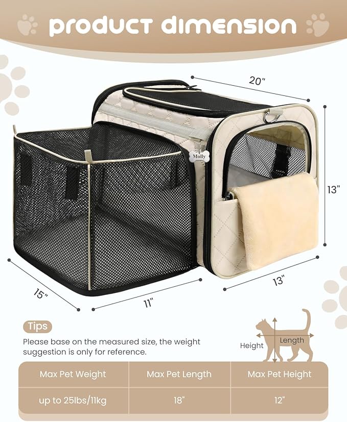 MIDOG Cat Carrier Soft for Small to Medium-Sized Cats,Up to 25 Lbs, TSA Airline Approved Soft Sided Pet Carrier,Collapsible Travel Cat Carriy Bag(Beige,20 inch x 13 inch x 13 inch)