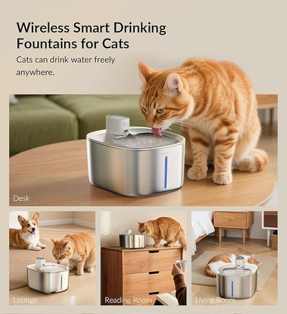 Cordless Cat Water Fountain Stainless Steel+ Litter Box Set, 4L Automatic Wireless Pet Water Dispenser with 20pack Filter + Cat Litter Box Sets for Multi Pet Family