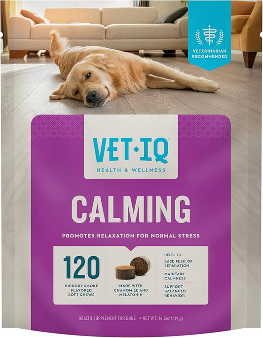 VetIQ Calming Support Supplement for Dogs, Calming Chews Help Manage Stress and Promote Relaxation, Anxiety Relief for Dogs, Made in The USA, 120 Count