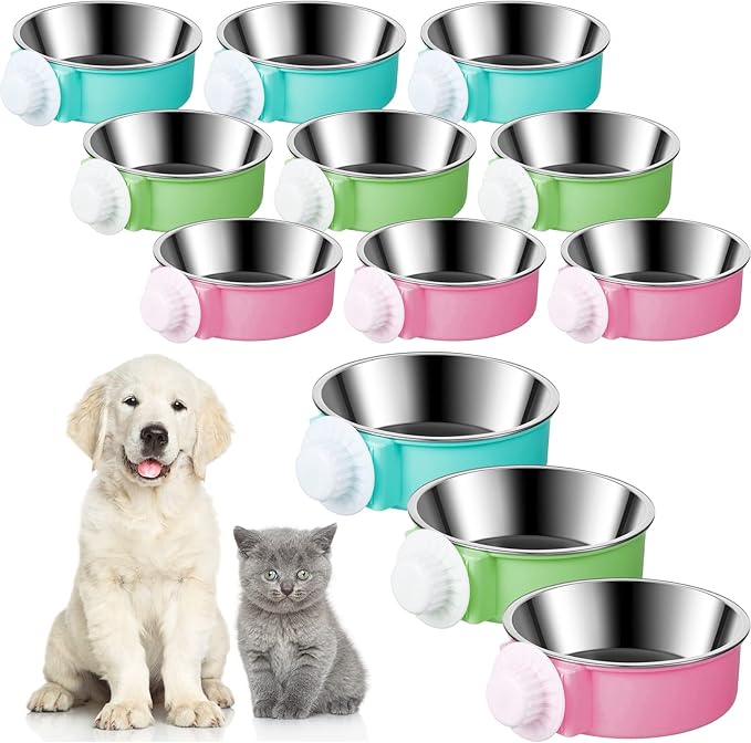 12 Pcs Crate Dog Bowls Bulk Puppy Dog Bowls for Kennel, Removable Stainless Steel Kennel Hanging Food Water Feeder Bowl Coop Cup for Cat, Puppy, Birds, Ferret, Rabbit, Gunea Pigs