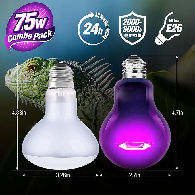 Leoterra 75W Reptile Incandescent Night Black Heat Lamp and 75w UVA Daylight Heat Lamp Combo Pack E26 Base 110v Long Service Life for Lizard Bearded Dragon Chicken Coop,Dog House Use…