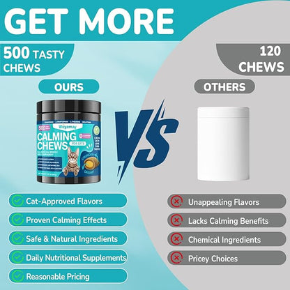 Cat Calming Treats, 500 Crunchy & Creamy Calming Chews for Cats, Natural Calming Cat Treats to Manage Stress & Anxiety, Tasty Calm Chews Supplement, Chicken Flavor