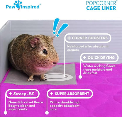 Paw Inspired PopCorner Guinea Pig Cage Liners | Washable Fleece Bedding or Pet Bed Mat for Small Animals | Super Absorbent Pee Pad with Reinforced Corners and Waterproof Bottom (C&C 2x4, Pink)