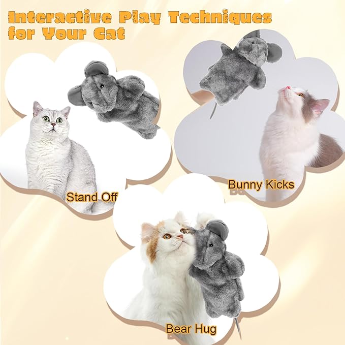 2 Pcs Cat Wrestling Glove, Mouse Chicken Puppet Glove Interactive Cat Toys, Soft Cats Wrestling Toy Puppet for Kitten Playing, Training, and Exercise (Gray, Yellow)