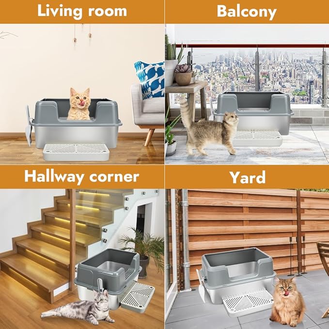 Vivifying Stainless Steel Cat Litter Box, Large Semi-Enclosed Litter Box with Lid, Anti-Leakage Metal Pan for Easy Cleaning & Odor Control (Gray)