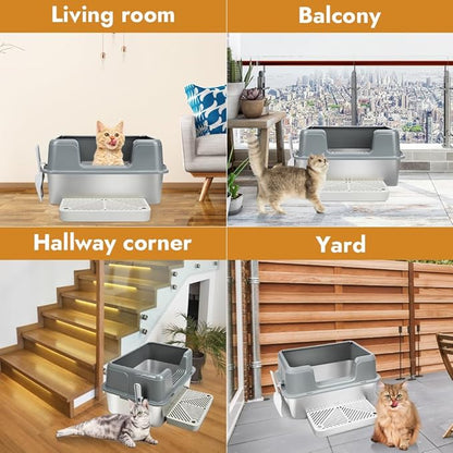 Vivifying Stainless Steel Cat Litter Box, Large Semi-Enclosed Litter Box with Lid, Anti-Leakage Metal Pan for Easy Cleaning & Odor Control (Gray)