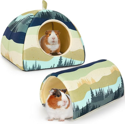 Bienbee Guinea Pig Hideout, Washable Rabbit Bed with Guinea Pig Tunnel, 2 Pack Guinea Pigs Toys Set Bunny Hideout Cage Accessories for Hamster Ferret Rabbits Bunny,Blue-Green Moutains