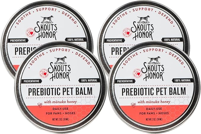 SKOUT'S HONOR Prebiotic Pet Balm - 100% Natural and Made w/Manuka Honey to Promote Healing of Your pet's paw Pads and Nose, Soothes Dry, Itchy Paws and Noses - Safe for Cats and Dogs, 2oz, 4-Pack
