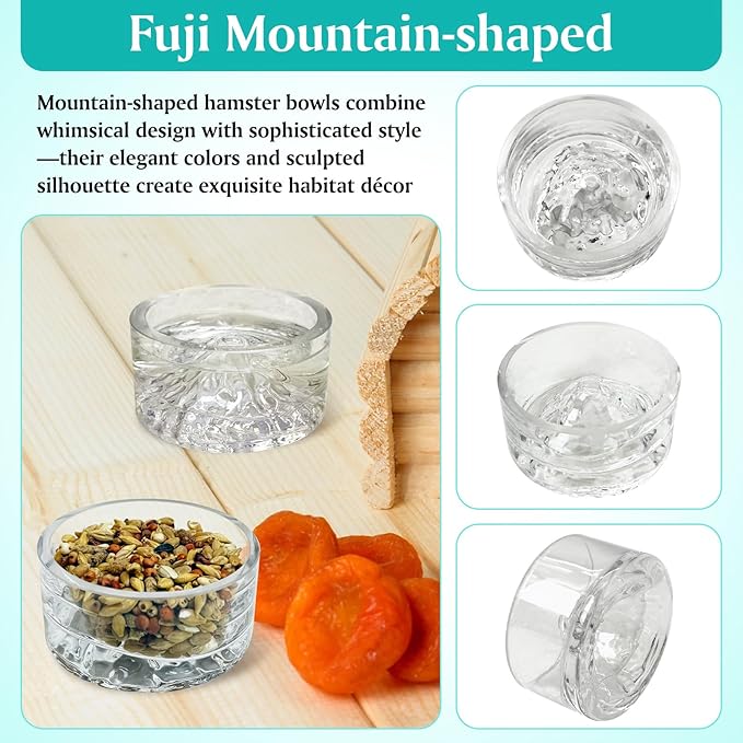 BNOSDM 2Pcs Hamster Food and Water Bowl Mountain Fuji Style Glass Drinking Dwarf Hamster Feeder Anti-Turning Dish for Syrian Hamsters Gerbils Mice Rats or Other Similar-Sized Pets (Transparent)