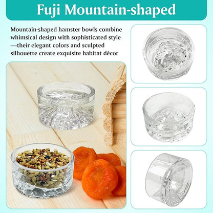 BNOSDM 2Pcs Hamster Food and Water Bowl Mountain Fuji Style Glass Drinking Dwarf Hamster Feeder Anti-Turning Dish for Syrian Hamsters Gerbils Mice Rats or Other Similar-Sized Pets (Transparent)